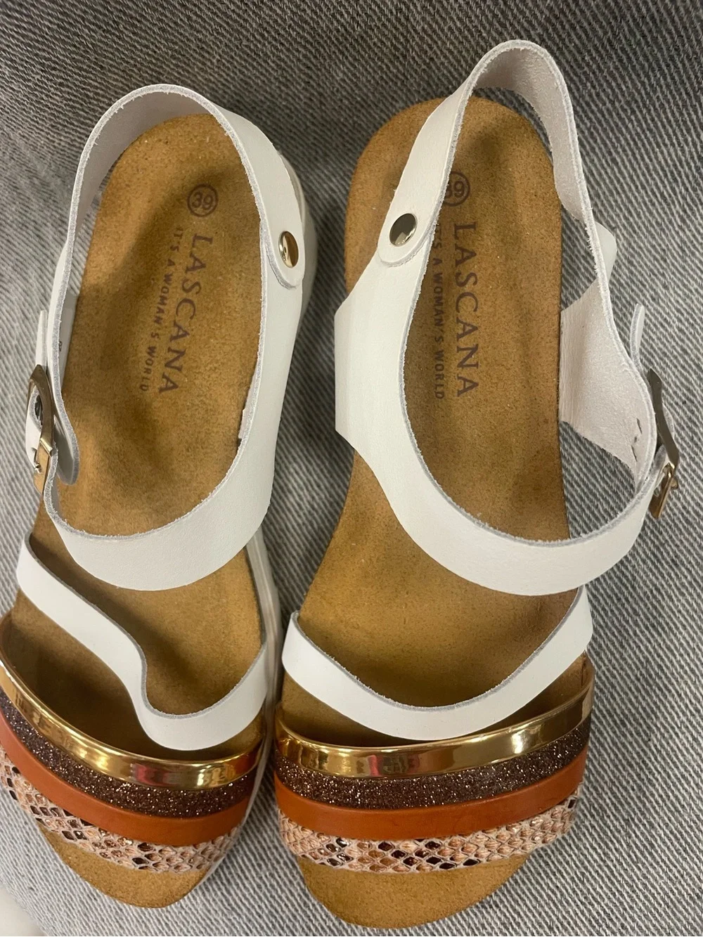 New Beautiful Lascana White Wedge Sandals with Gold and Tan Straps